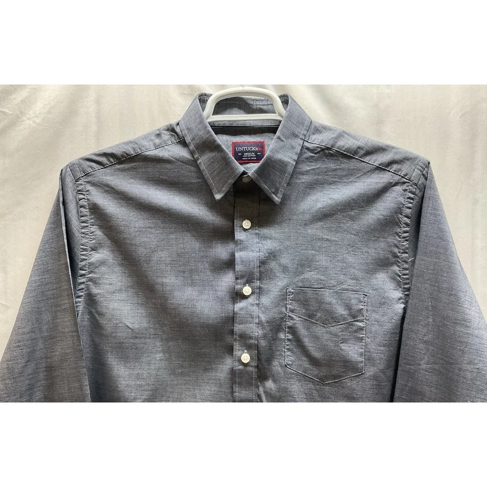 Men's UNTUCKit Long Sleeve Button Front Cotton Dress Shirt Denim‎ Blue - Medium